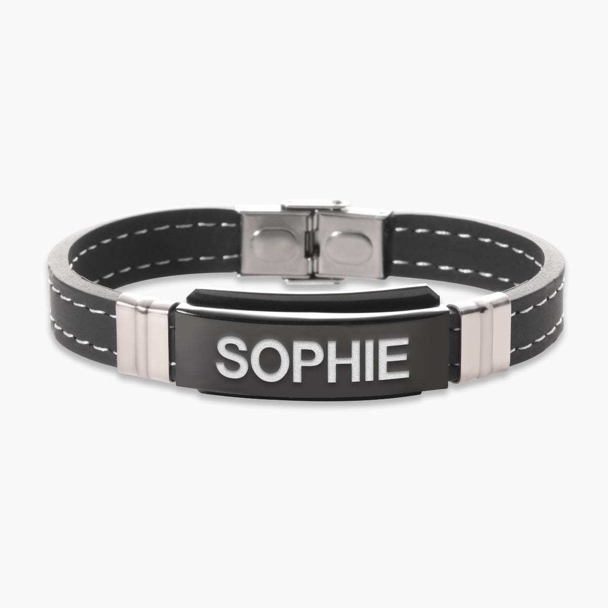 Engraved Black Stainless Steel ID Bracelet with Black Rubber Stitched Band