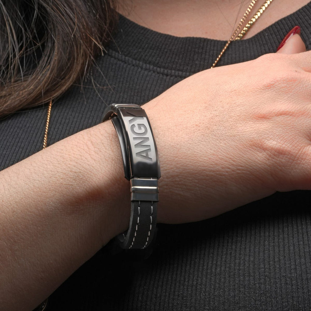 Engraved Black Stainless Steel ID Bracelet with Black Rubber Stitched Band