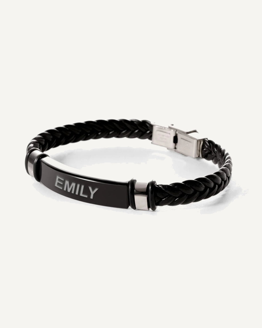 Engraved Black Stainless Steel ID Bracelet with Black Leather Rope Band