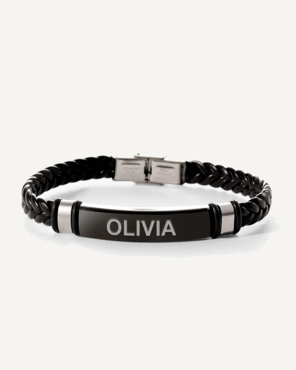 Engraved Black Stainless Steel ID Bracelet with Black Leather Rope Band