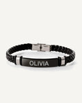 Engraved Black Stainless Steel ID Bracelet with Black Leather Rope Band