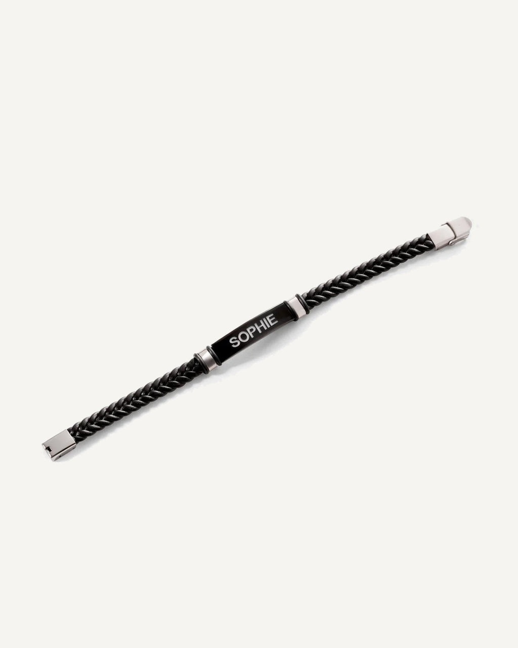 Engraved Black Stainless Steel ID Bracelet with Black Leather Rope Band