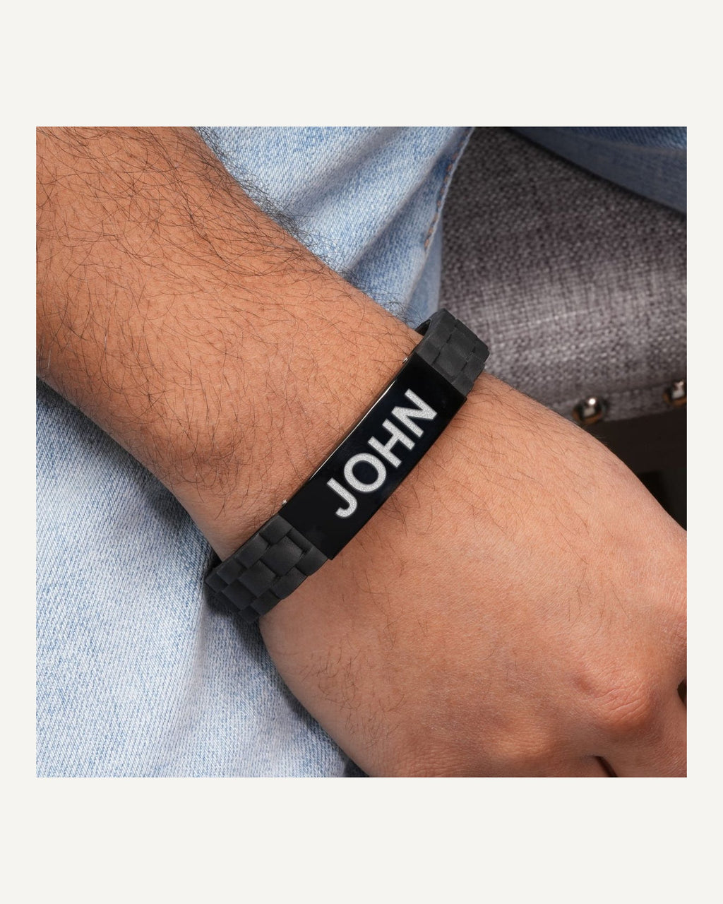 Engraved Black Stainless Steel ID Bracelet with Black Rubber Band