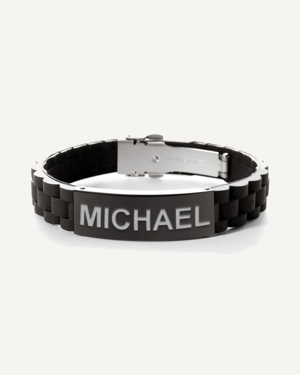Engraved Black Stainless Steel ID Bracelet with Black Rubber Band