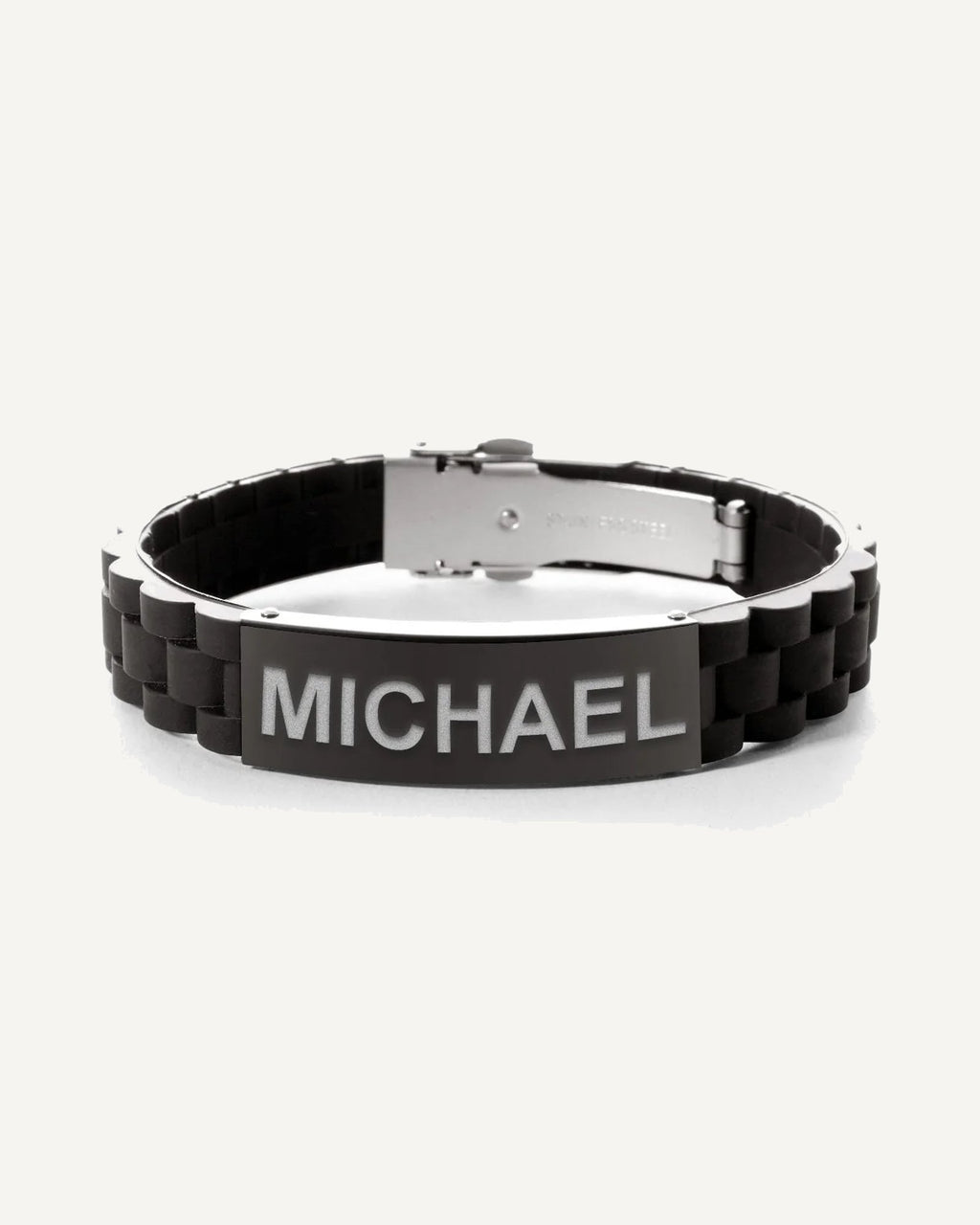 Engraved Black Stainless Steel ID Bracelet with Black Rubber Band