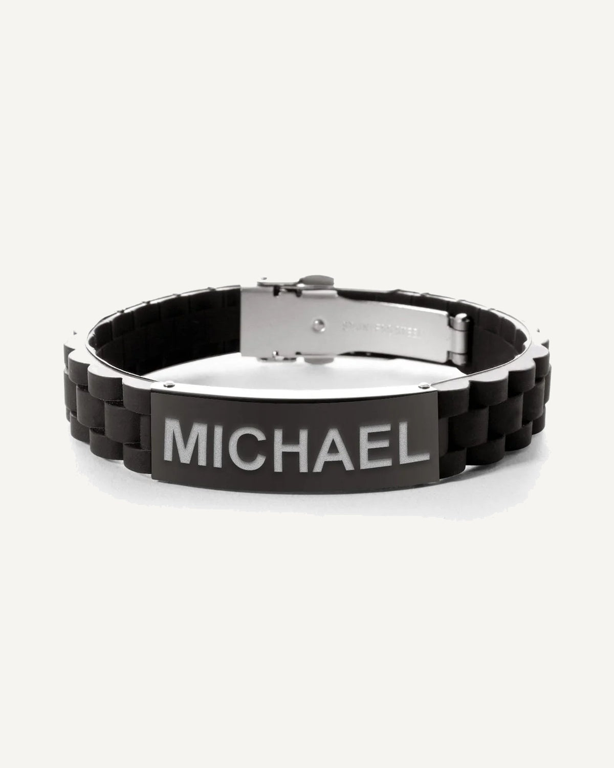 Engraved Black Stainless Steel ID Bracelet with Black Rubber Band