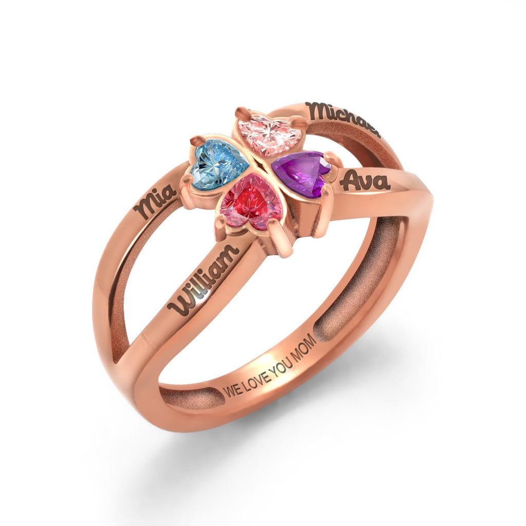 Personalized 4 Heart Shaped Birthstone Ring