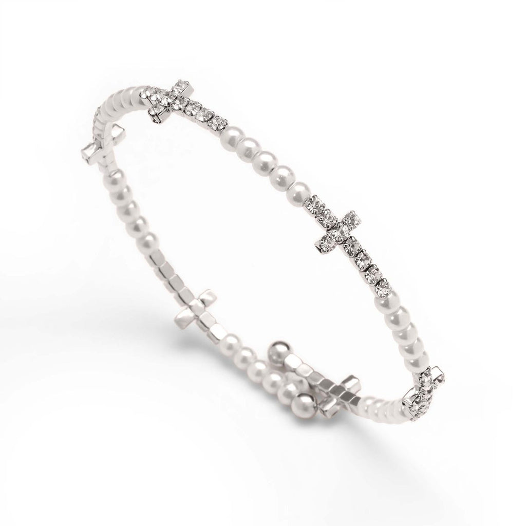 Cross CZ Pearl Bead Bracelet