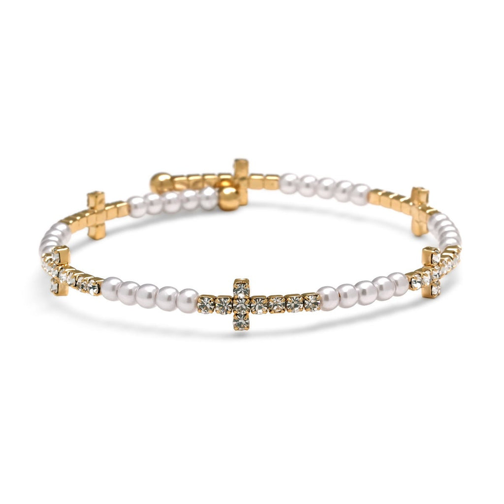 Cross CZ Pearl Bead Bracelet