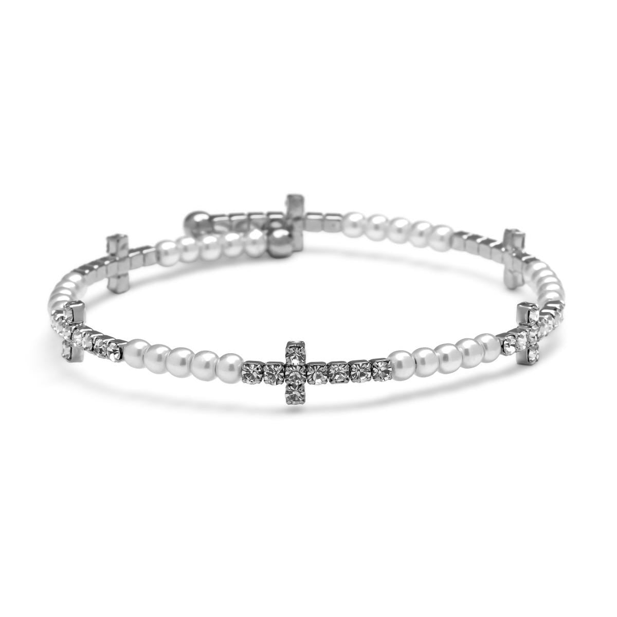 Cross CZ Pearl Bead Bracelet