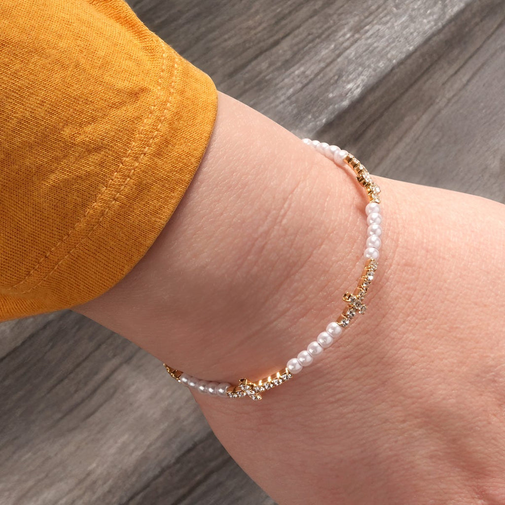 Cross CZ Pearl Bead Bracelet