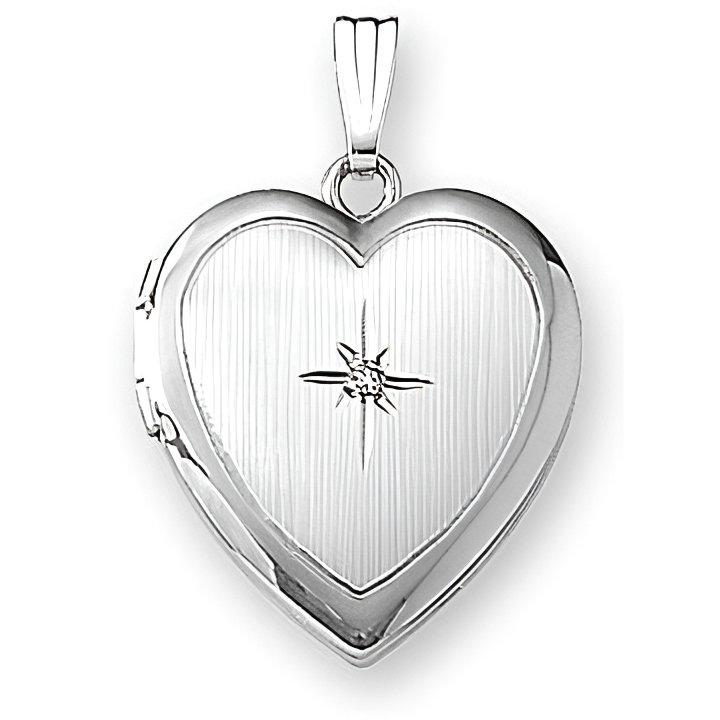 14k White Gold Heart Photo Locket with Diamond
