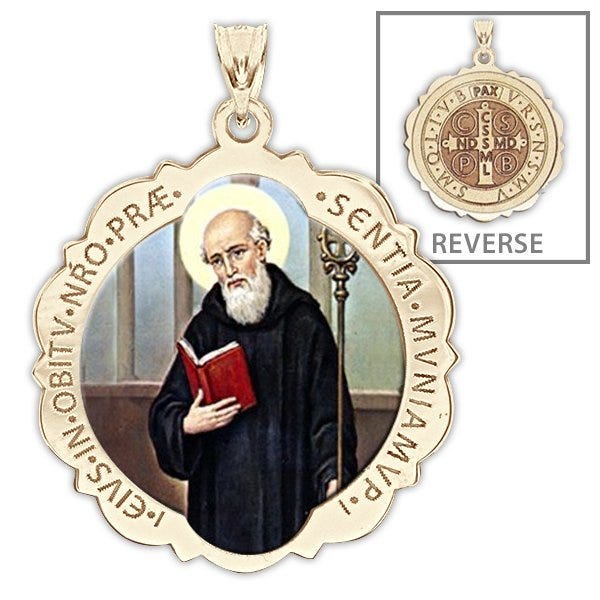 Saint Benedict Scalloped Round Religious Medal Color
