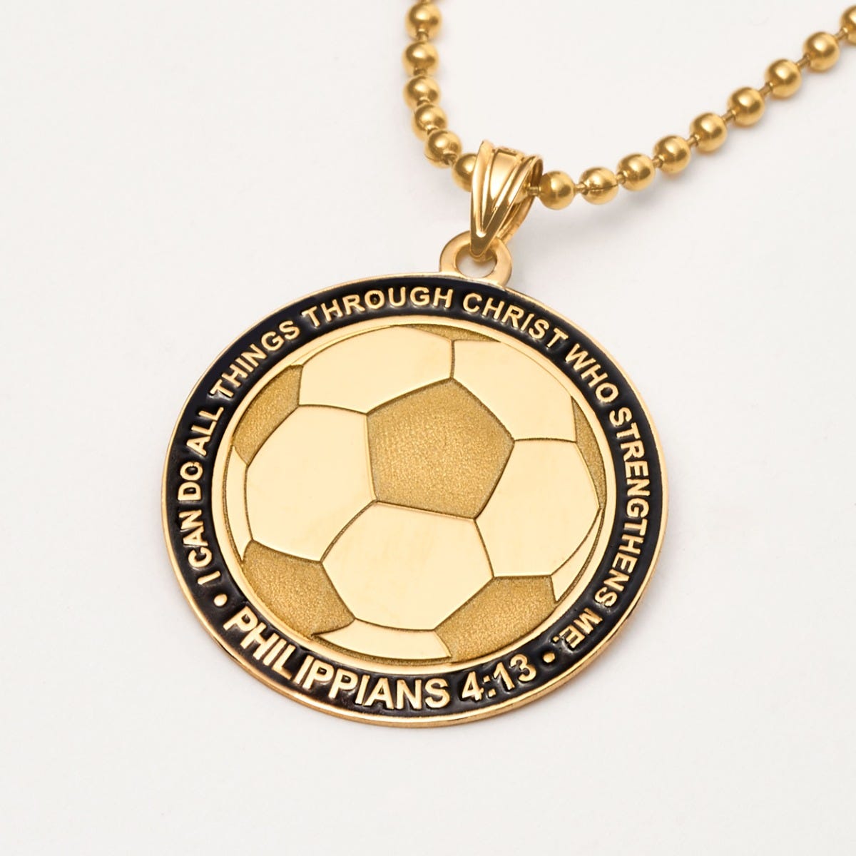 " Through Christ Who Strengthens Me" Soccer Charm or Pendant - 1 inch x 1 inch in Solid 14K Yellow Gold