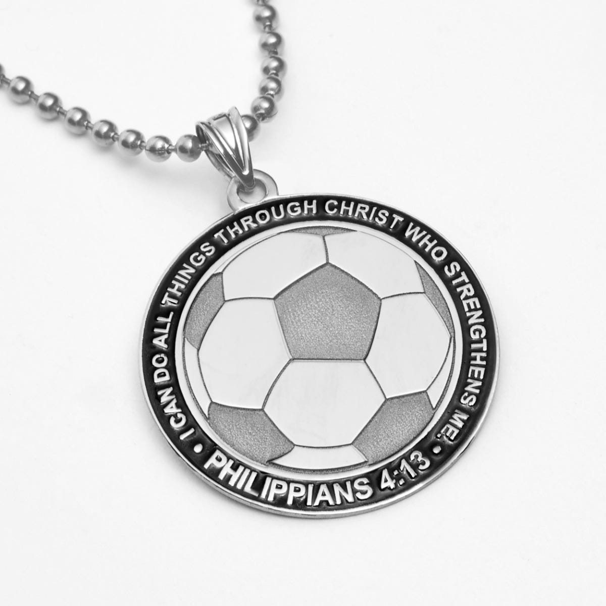 " Through Christ Who Strengthens Me" Soccer Charm or Pendant - 1 inch x 1 inch in Solid 14K Yellow Gold