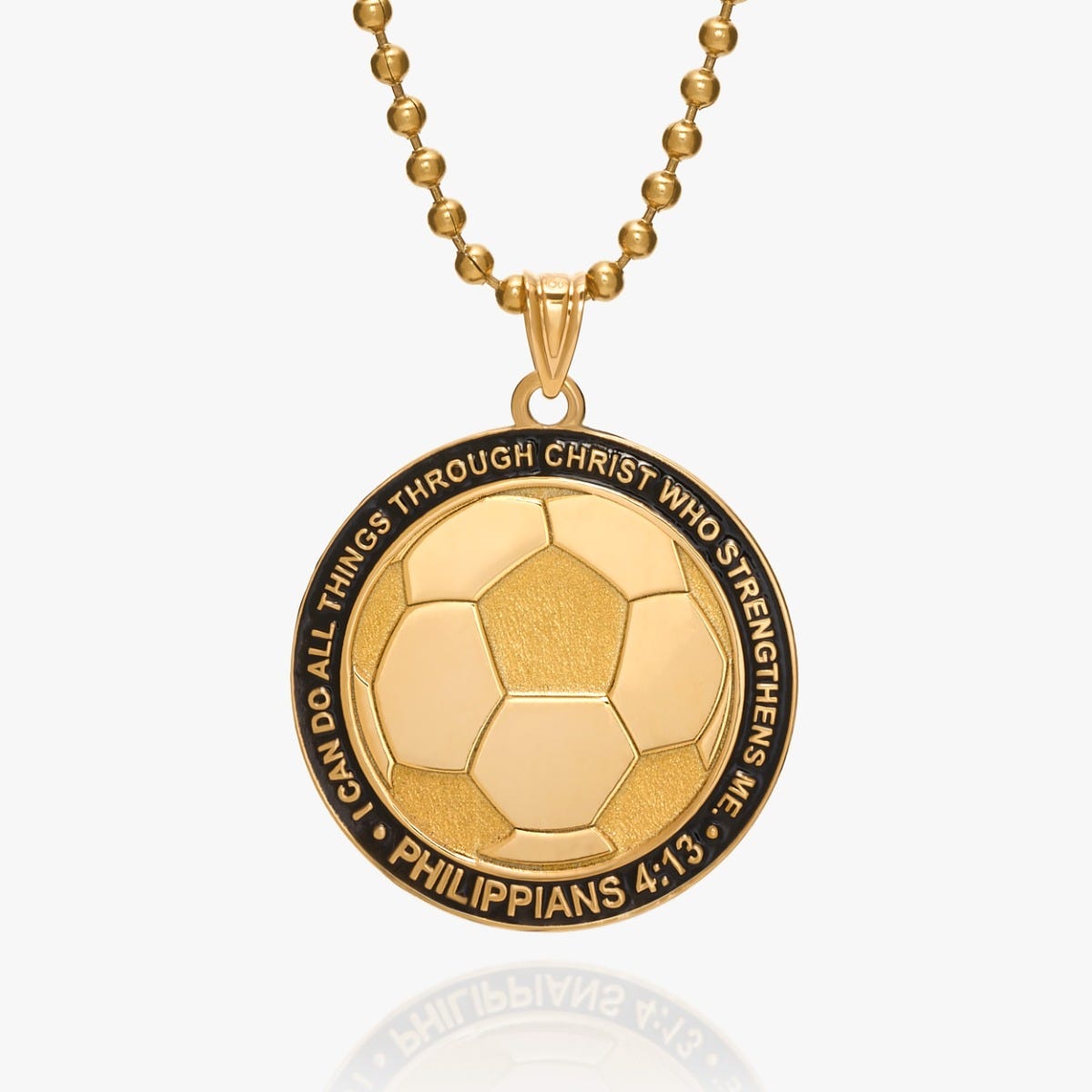 " Through Christ Who Strengthens Me" Soccer Charm or Pendant - 1 inch x 1 inch in Solid 14K Yellow Gold
