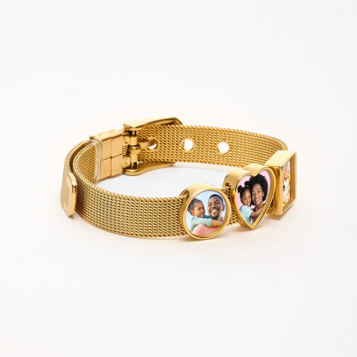Photo Engraved Mesh Charm Bracelet with Buckle