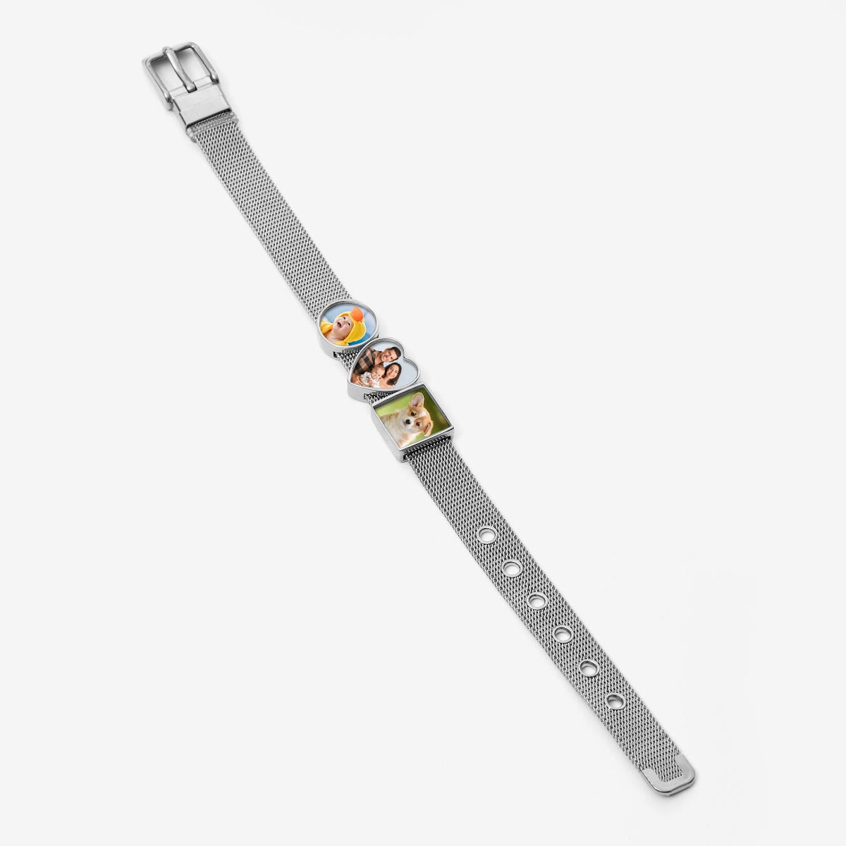 Photo Engraved Mesh Charm Bracelet with Buckle