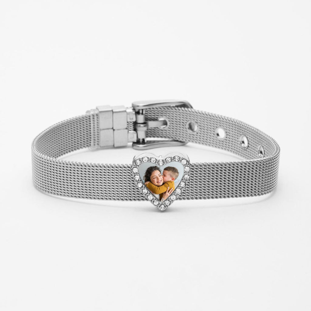 Photo Engraved Mesh Charm Bracelet with Buckle