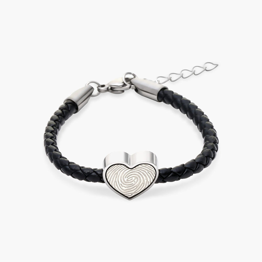 Fingerprint Leather Rope Bracelet w/ Stainless Steel Heart Charm