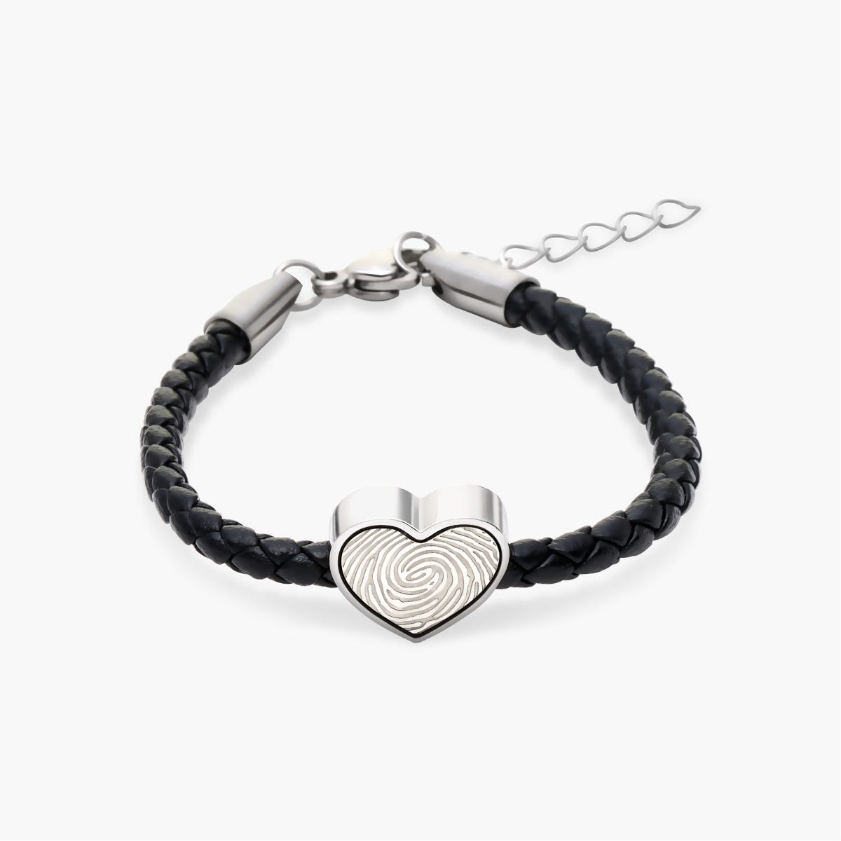 Fingerprint Leather Rope Bracelet w/ Stainless Steel Heart Charm