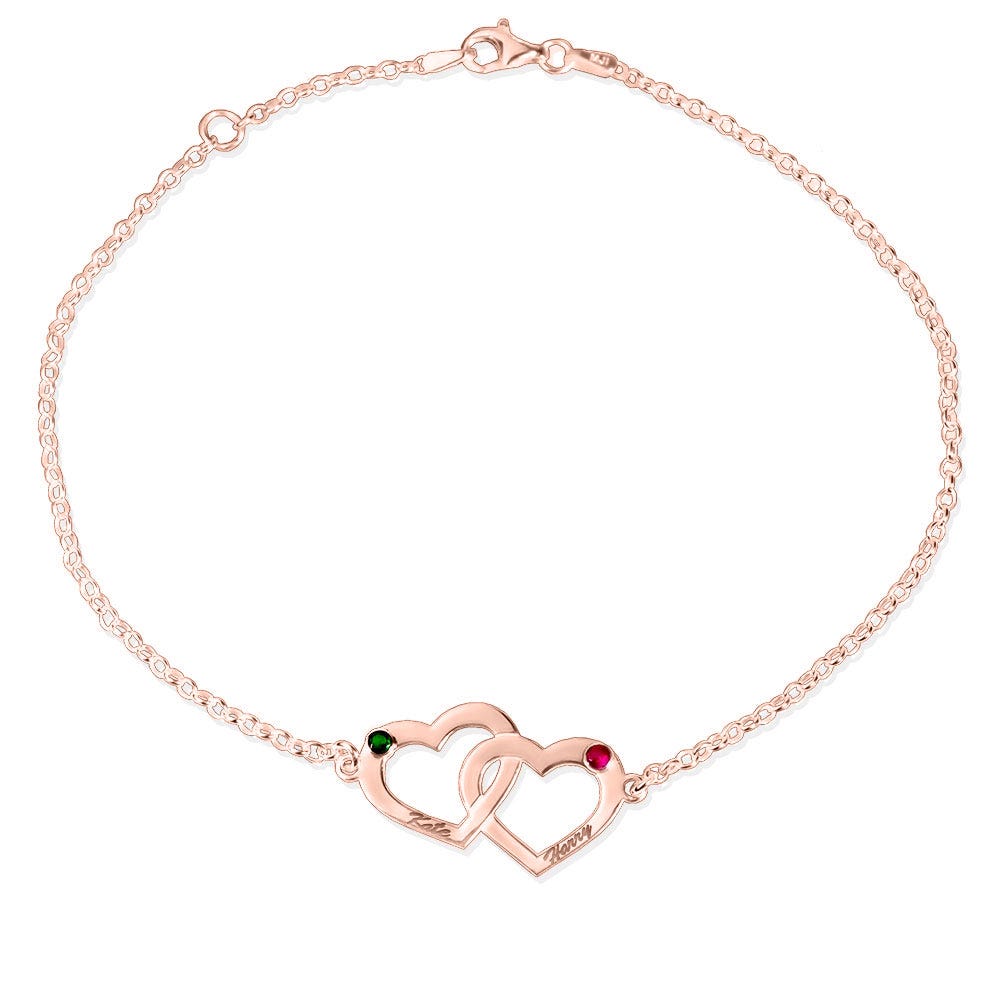 Interlocking Heart Bracelet with Two Birthstones & Two Names