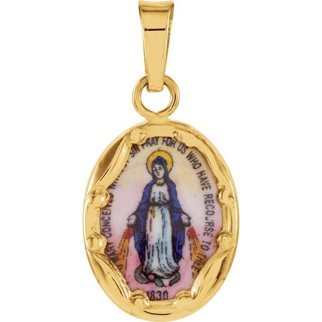 14k Yellow Gold and Porcelain Miraculous Medal