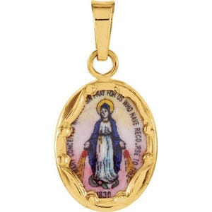 14k Yellow Gold and Porcelain Miraculous Medal