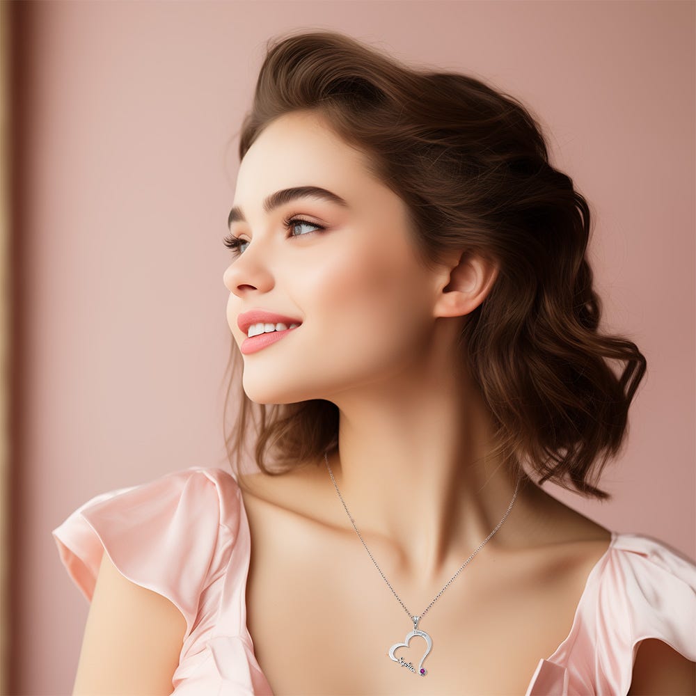 Personalized Heart Shaped Name Necklace with Birthstone and Chain Included