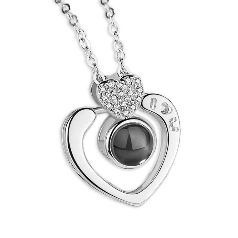 Photo Projection CZ "I HEART U" Heart Necklace & Chain