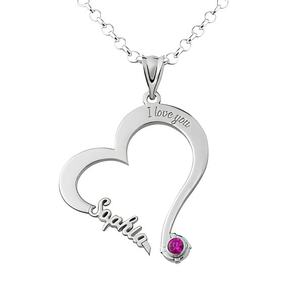 Personalized Heart Shaped Name Necklace with Birthstone and Chain Included
